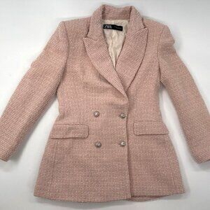 Zara Tweed Blazer Jacket Womens Large Pink Textured Double Breasted Career Lined
